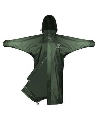 EQUIDRY women's mesh lining long waterproof horse riding coat in black forest green/green