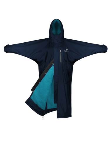 EQUIDRY men's long waterproof horse riding coat in Navy/Turquoise