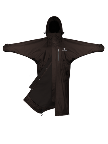 EQUIDRY women's thin fleece stowaway hood long waterproof horse riding coat in rich brown