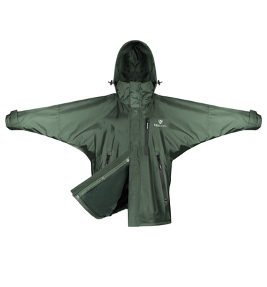 Shortie Child's Oversized Short Waterproof blouson style Riding Jacket Thin Fleece Lining Stowaway Hood in black forest green