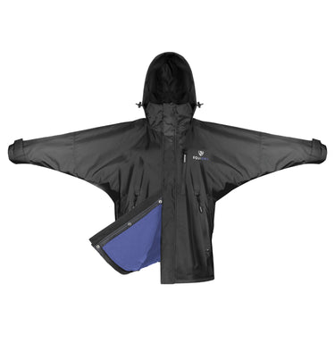 Shortie Child's Oversized Short Waterproof blouson style Riding Jacket Thin Fleece Lining Stowaway Hood in black/lilac