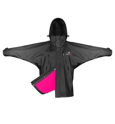 Shortie Child's Oversized Short Waterproof blouson style Riding Jacket Thin Fleece Lining Stowaway Hood in black/peacock pink