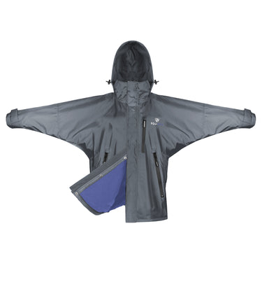 Shortie Child's Oversized Short Waterproof blouson style Riding Jacket Thin Fleece Lining Stowaway Hood in charcoal/lilac