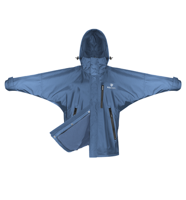 Shortie Child's Oversized Short Waterproof blouson style Riding Jacket Thin Fleece Lining Stowaway Hood in steel blue