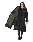 EQUIDRY women's long waterproof horse riding coat in Black/Olive Green inner lining 