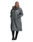 EQUIDRY Evolution Pro women's Warm Waterproof Horse Riding Coat Thick Fleece Lining Stowaway Hood in Charcoal/Grey front of coat