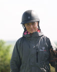 EQUIDRY women's thin fleece long waterproof horse riding coat in charcoal/penelope pink lifestyle