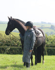 EQUIDRY women's thin fleece long waterproof horse riding coat in charcoal/penelope pink with horse