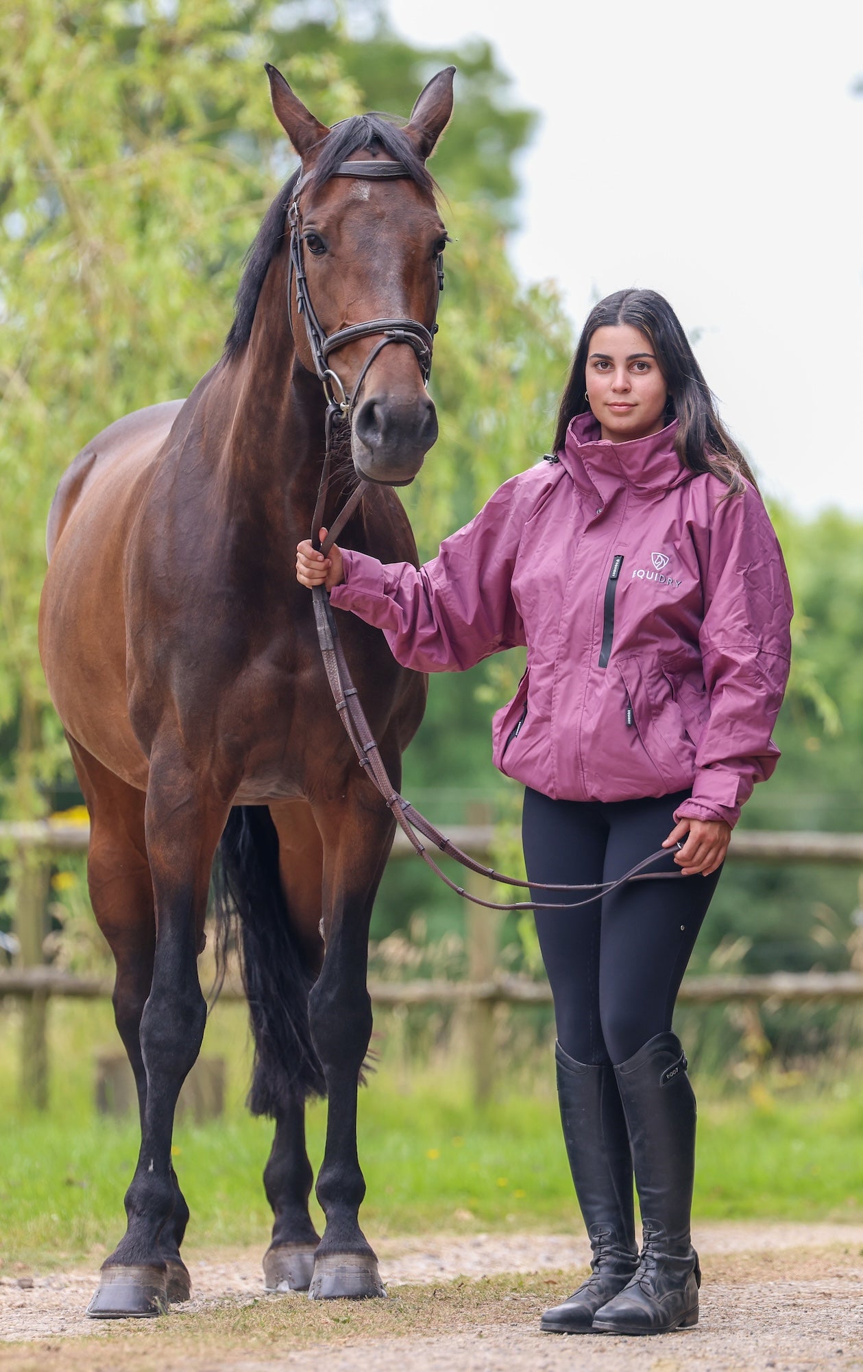 EQUIDRY women's waterproof short blouson style horse riding jacket in valerian with horse