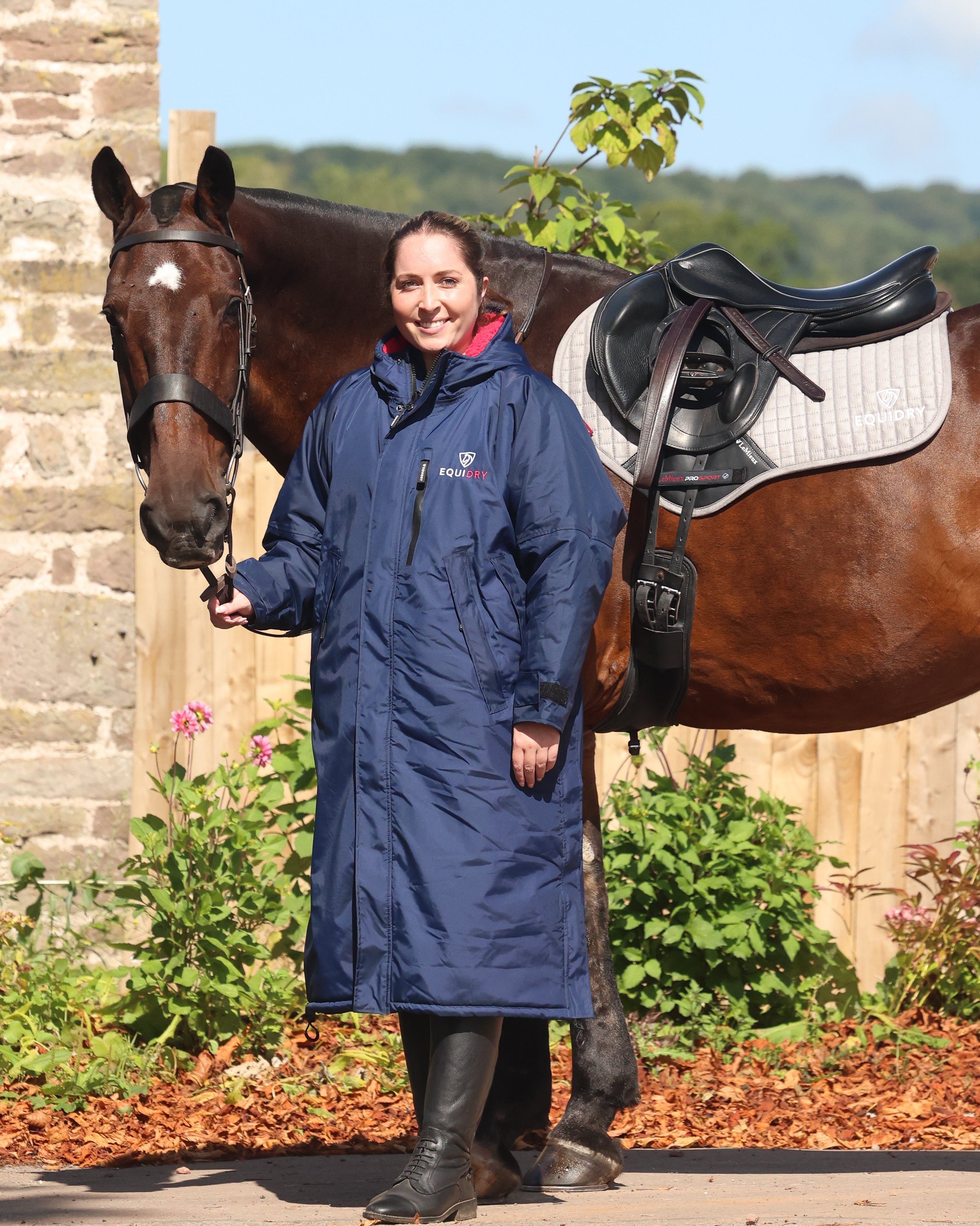 EQUIDRY | Ladies Long Waterproof Winter Horse Riding Coat | Navy Pink