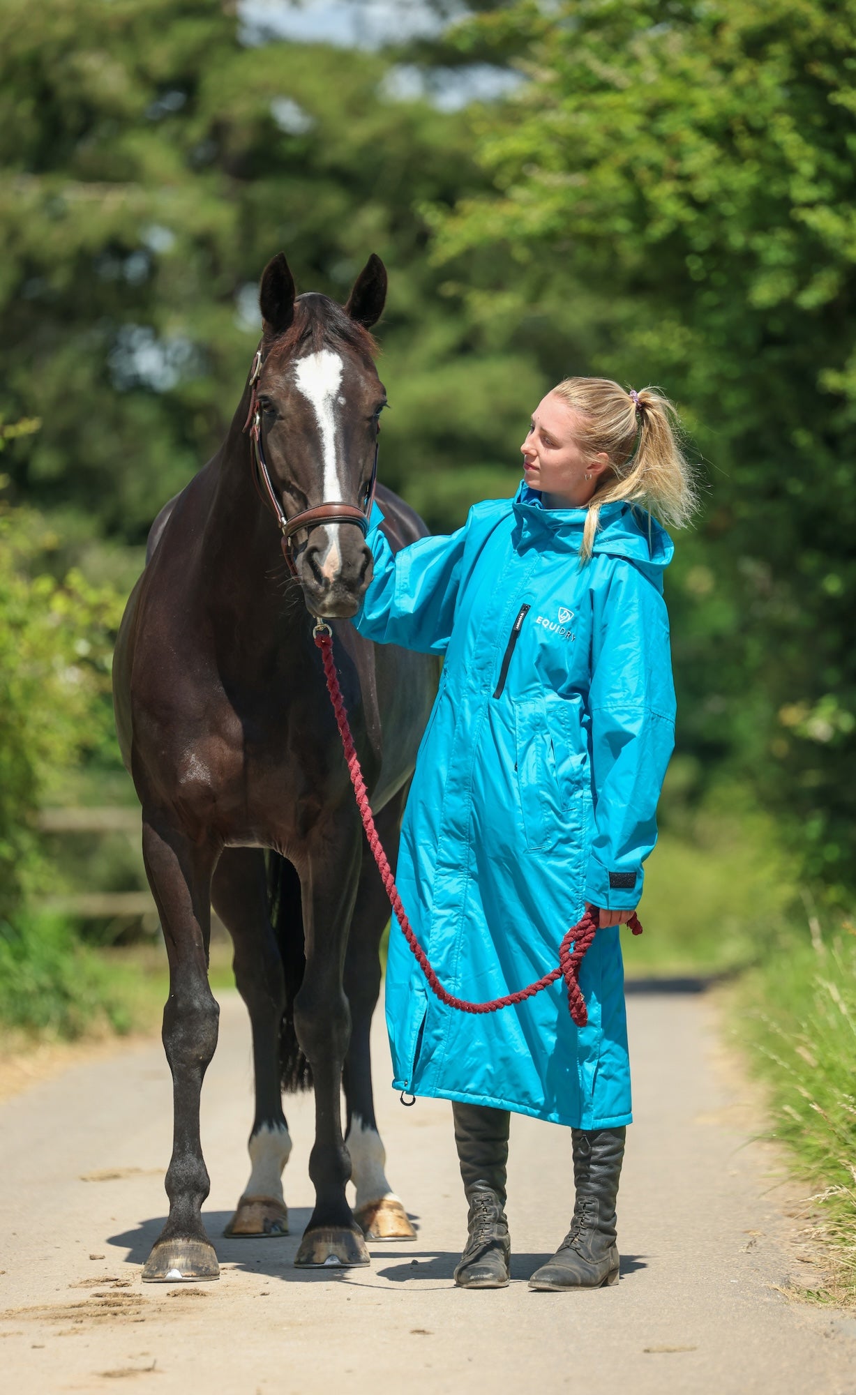 EQUIDRY women&#39;s thin fleece long waterproof horse riding coat in turquoise with horse