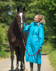 EQUIDRY women's thin fleece long waterproof horse riding coat in turquoise with horse