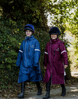 EQUIDRY waterproof horse riding raincoat thin fleece pro ride reflective kids plum and steel blue childrens jackets 