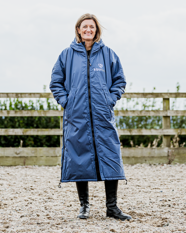 EQUIDRY waterproof horse riding raincoat All Rounder Original thick fleece Women's steel blue full view lifestyle