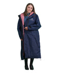 EQUIDRY women's long waterproof horse riding coat in Navy/Pale Pink studio front full length