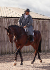 EQUIDRY Pro ride Evolution equestrian waterproof riding coat charcoal modelled by dressage rider on Horseback 