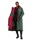 EQUIDRY women's long waterproof horse riding coat in Black Forest Green/Peacock Pink front inner lining studio