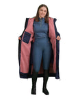 EQUIDRY women's long waterproof horse riding coat in Navy/Pale Pink studio front view inner lining 