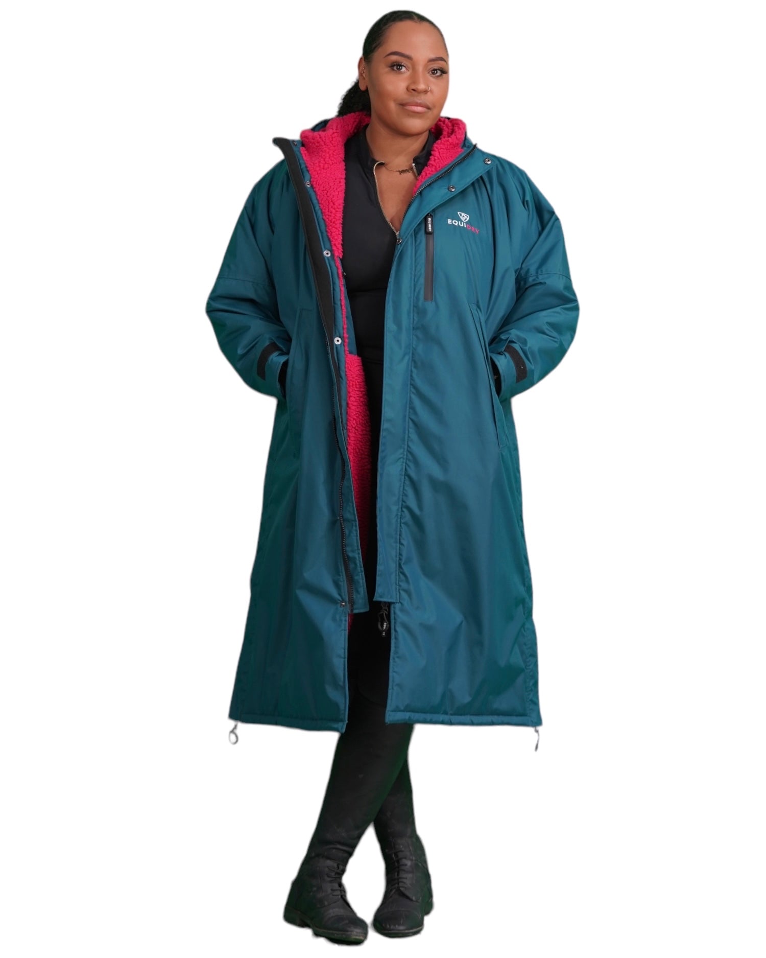 EQUIDRY women&#39;s long waterproof horse riding coat in Teal/Peacock Pink