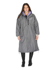 EQUIDRY women's long waterproof horse riding coat in Charcoal/Lilac studio front full view