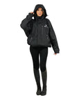 Shortie Child's Oversized Short Waterproof blouson style Riding Jacket Thin Fleece Lining Stowaway Hood in black front view hood up