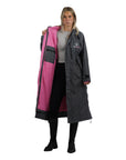 EQUIDRY women's thin fleece long waterproof horse riding coat in charcoal/penelope pink studio open front 