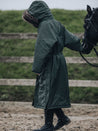 EQUIDRY Parka with fur hood , long waterproof riding coat modelled by Girl with Pony 