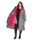 EQUIDRY women's long waterproof horse riding coat in charcoal/peacock pink studio open showing lining 