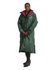 EQUIDRY women's long waterproof horse riding coat in Black Forest Green/Peacock Pink front coat closed studio