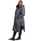 EQUIDRY Evolution Pro women's Warm Waterproof Horse Riding Coat Thick Fleece Lining Stowaway Hood in Charcoal/Grey side view side zips storm skirts