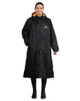 EQUIDRY women's long waterproof horse riding coat in Black/Yellow full length front 