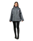 EQUIDRY women's waterproof short blouson style horse riding jacket in charcoal/peacock pink relaxed fit studio shot