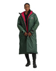 EQUIDRY women's long waterproof horse riding coat in Black Forest Green/Peacock Pink front inner lining studio