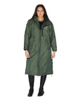 EQUIDRY women's long waterproof horse riding coat in black forest green/green studio front image 