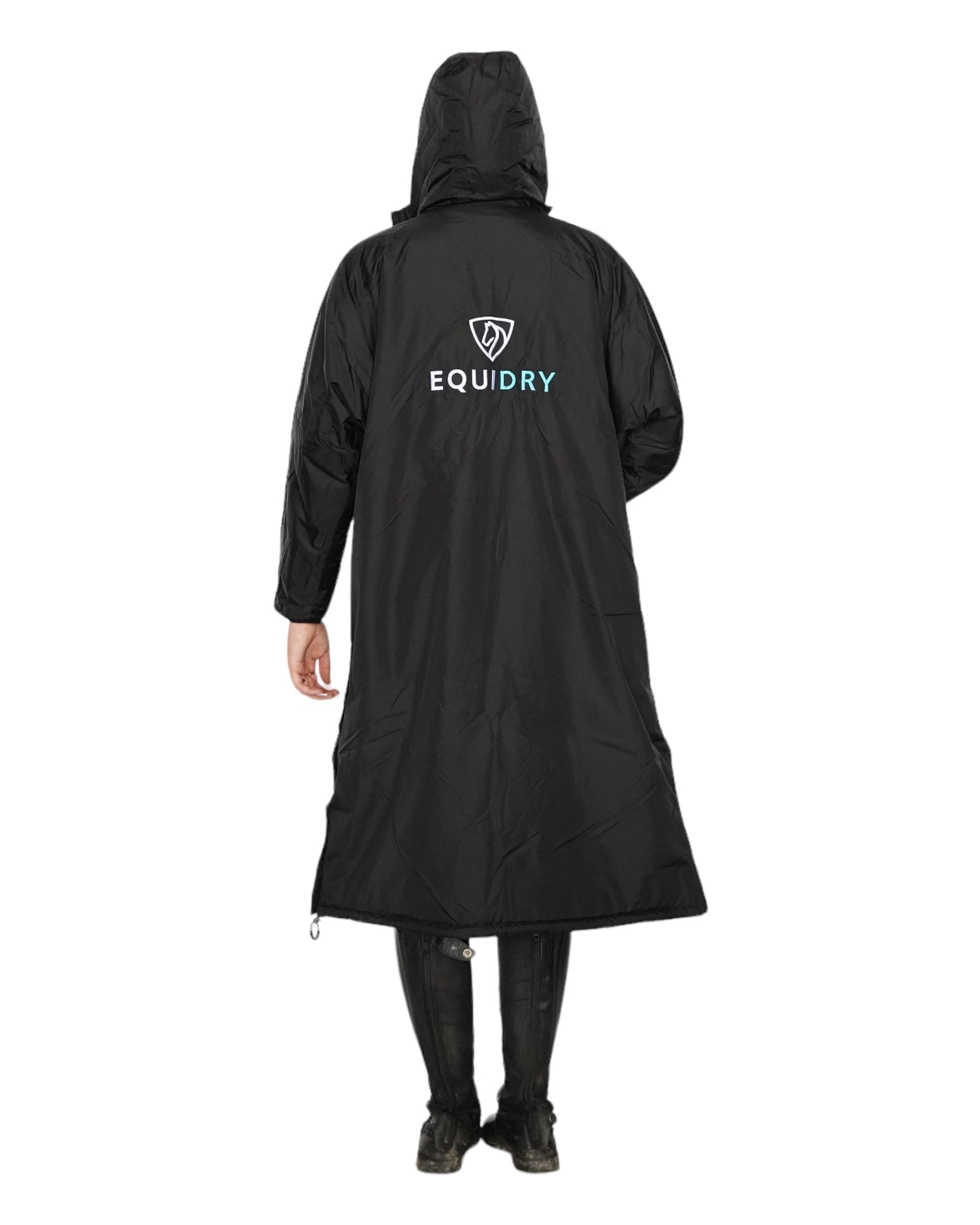 EQUIDRY men's long waterproof horse riding coat in black/turquoise back of coat