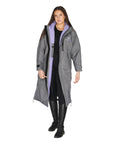 EQUIDRY women's long waterproof horse riding coat in Charcoal/Lilac studio open showing lining 