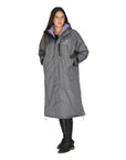 EQUIDRY women's long waterproof horse riding coat in Charcoal/Lilac studio front view