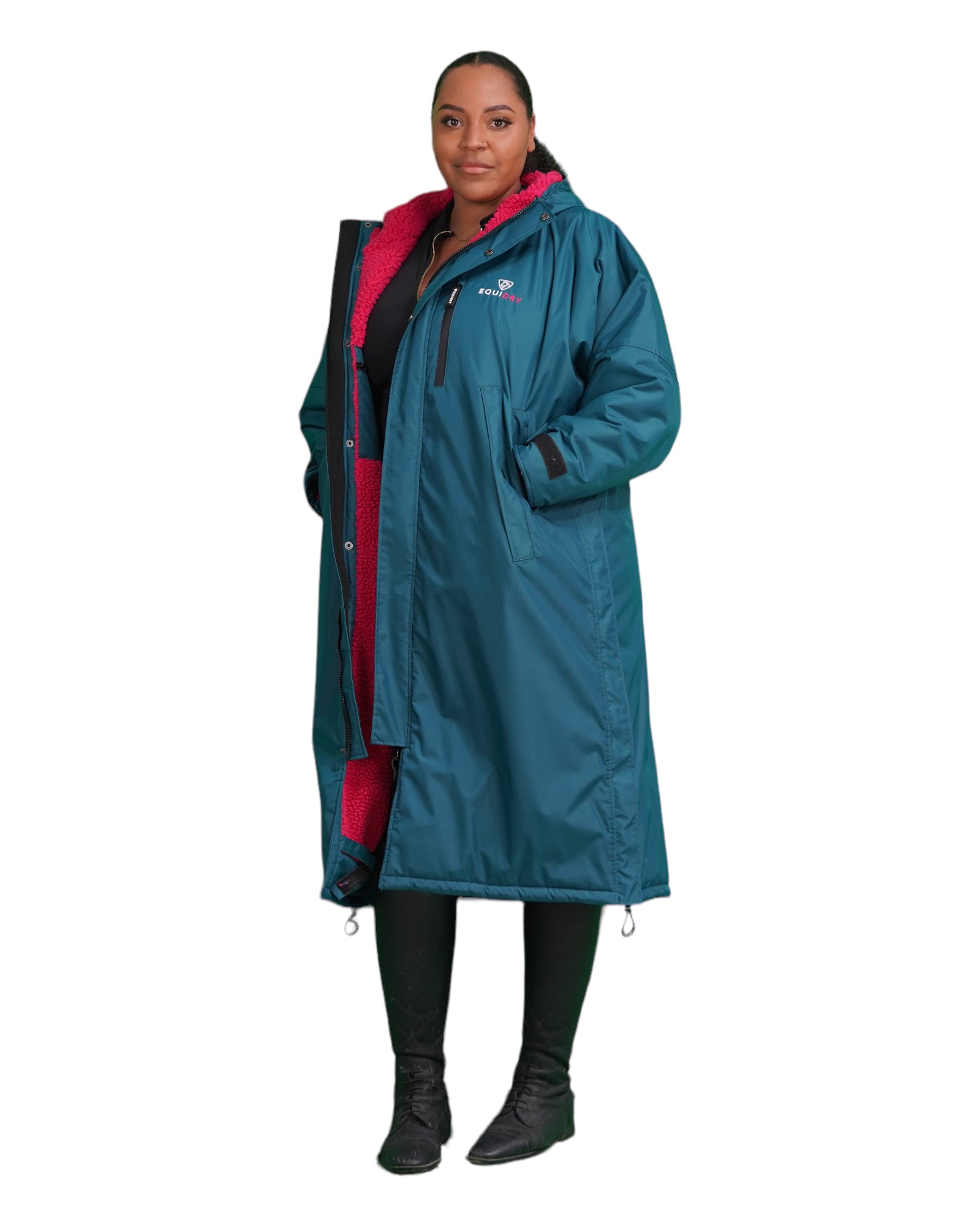 EQUIDRY women&#39;s long waterproof horse riding coat in Teal/Peacock Pink