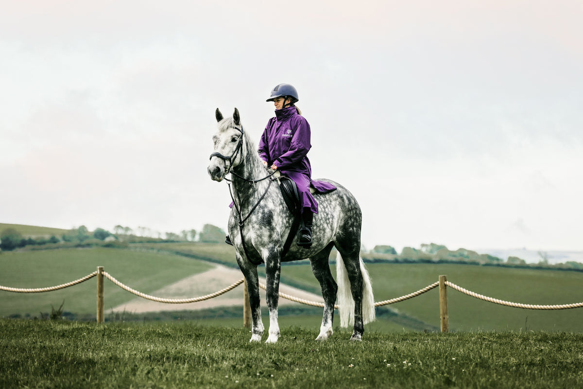 EQUIDRY equimac Purple long length waterproof raincoat worn by lady horse rider  on grey horse