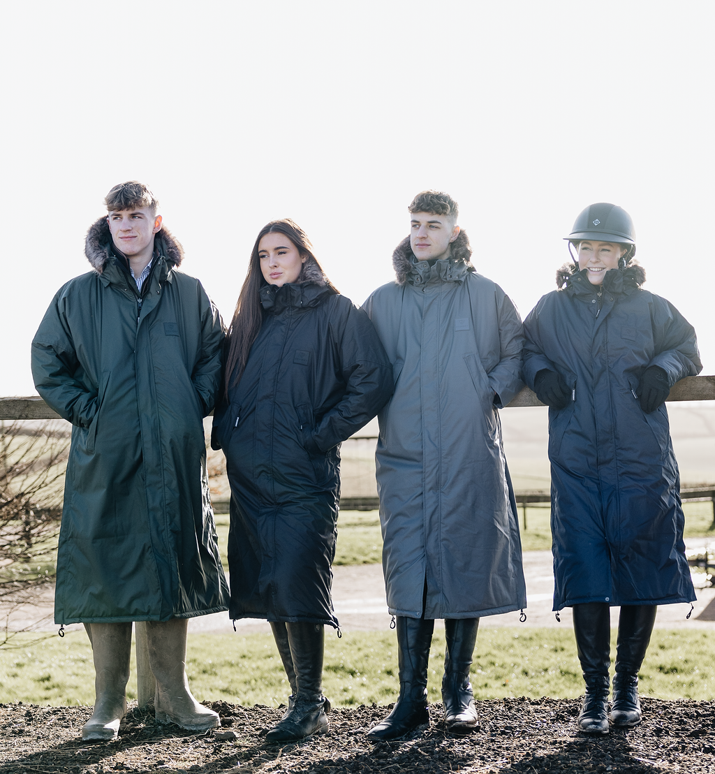 EQUIDRY | Parka | Men's | Black - waterproof riding and leisure coat with padded inner detachable faux fur trim group shot front full view