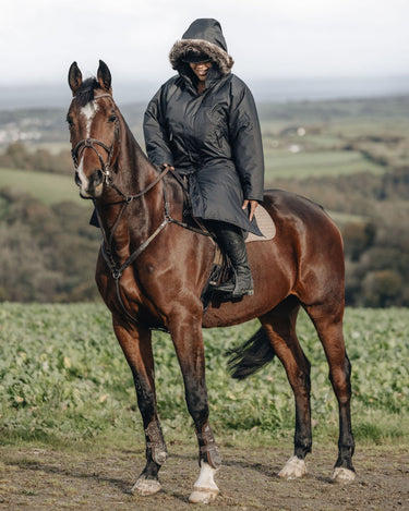 EQUIDRY |  Parka | Women's | Black -  waterproof riding and leisure coat with padded inner detachable faux fur trim rider on horse hood over hat
