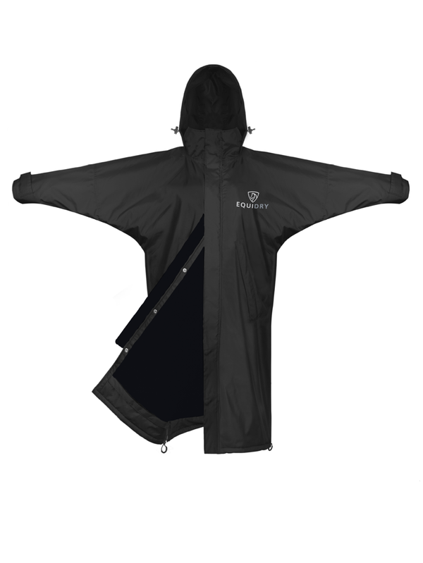 EQUIDRY men's mesh lining long waterproof horse riding raincoat in black/black