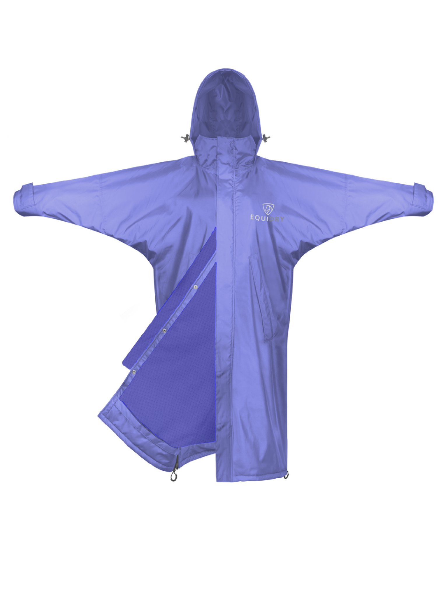 EQUIDRY blue lilac equimac long waterproof horse riding coat with leg straps 