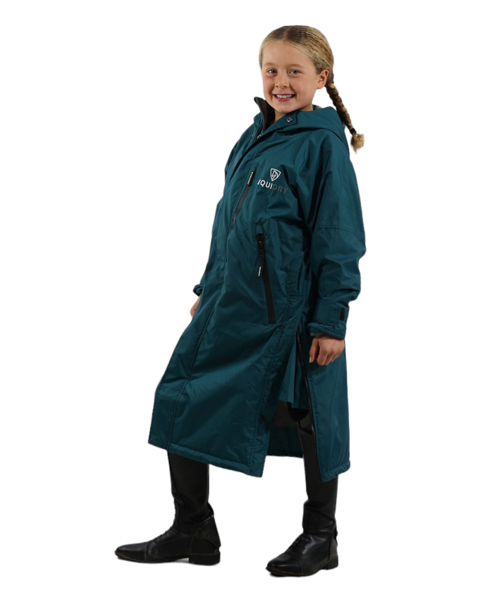 Kid's lightweight long waterproof horse riding coat in Teal & Grey ...