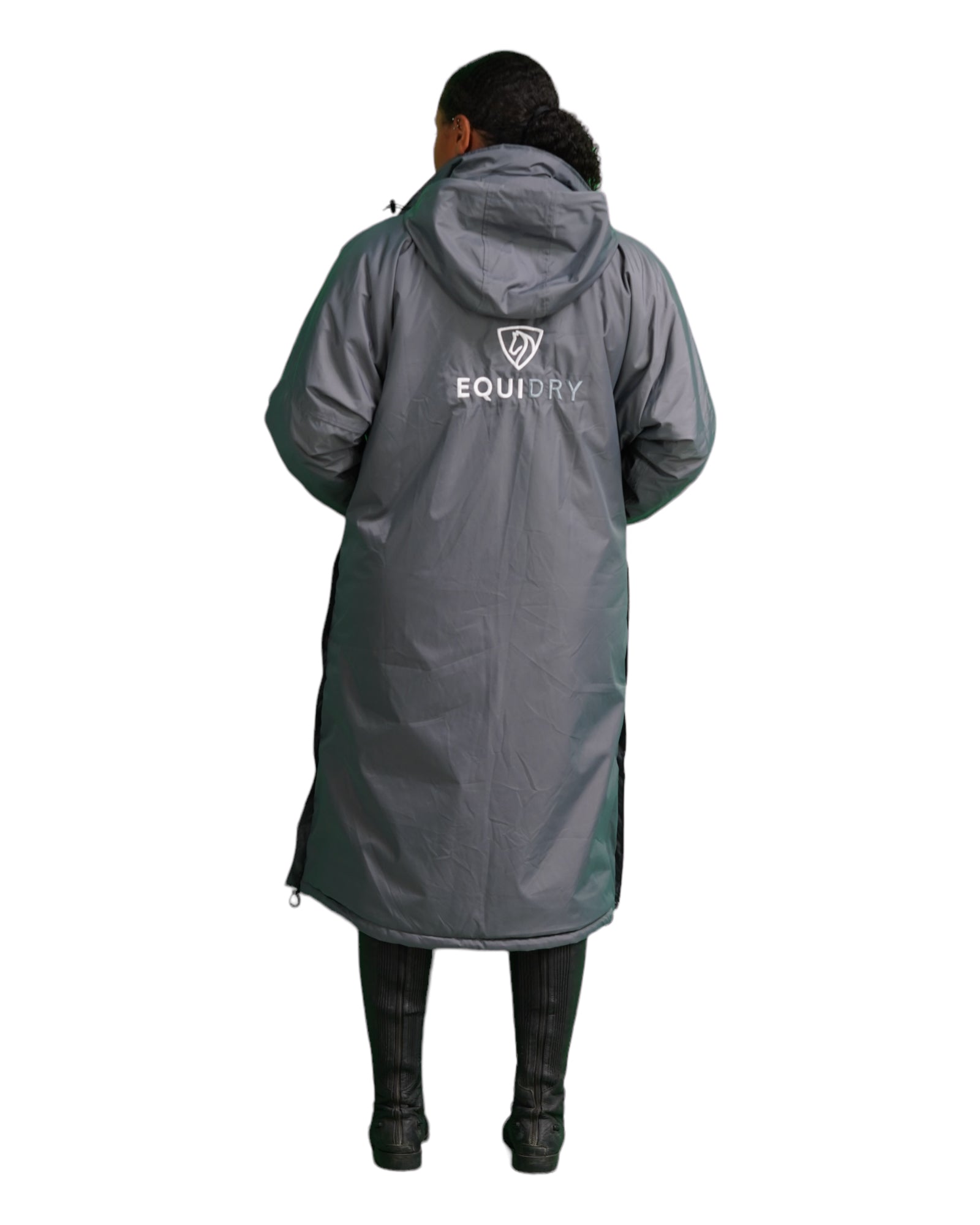 EQUIDRY Evolution Pro women&#39;s Warm Waterproof Horse Riding Coat Thick Fleece Lining Stowaway Hood in Charcoal/Grey back of coat