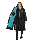 EQUIDRY women's long waterproof horse riding coat in black/turquoise showing inner lining 