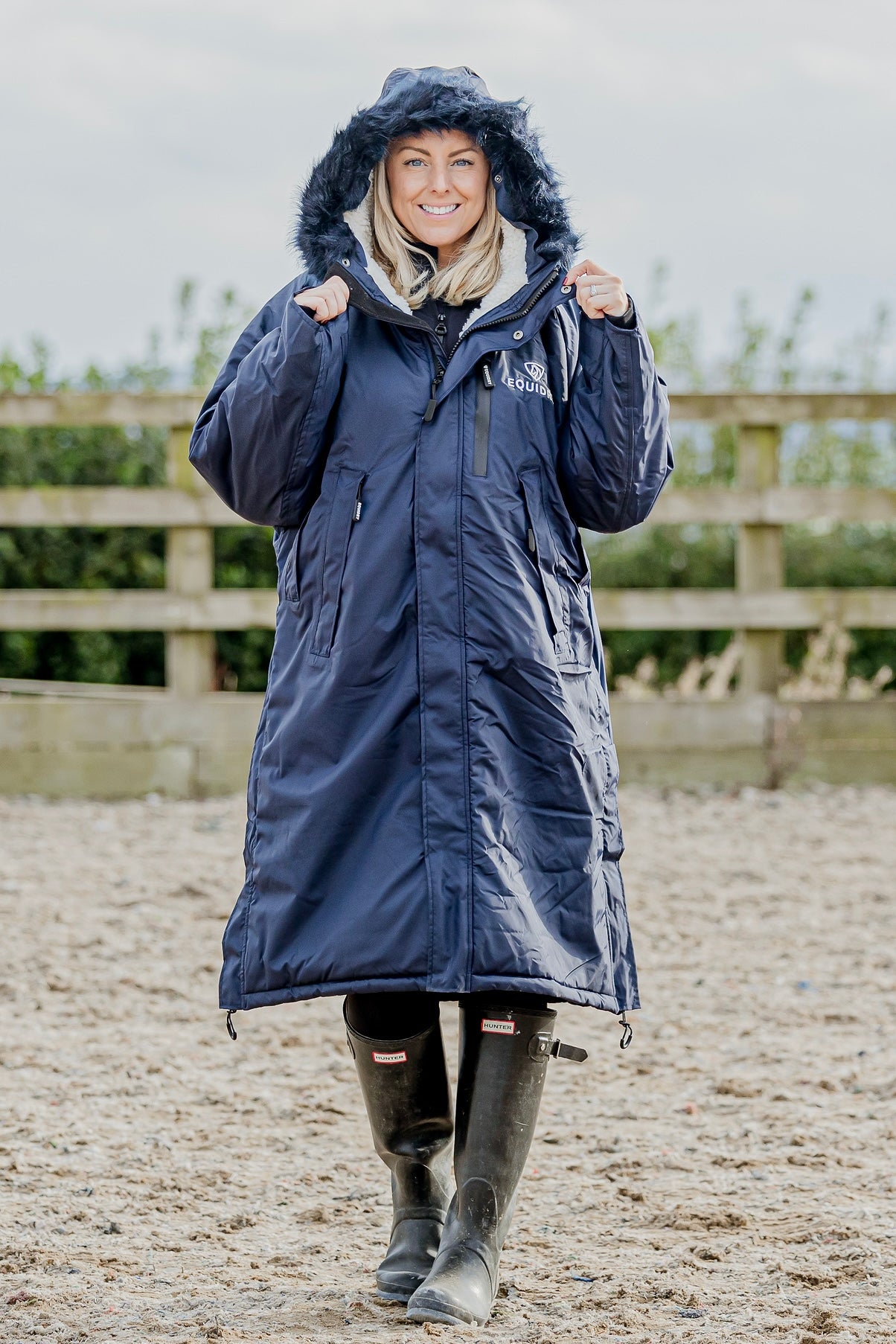 EQUIDRY Evolution Lux Women's Warm Waterproof Winter Horse Riding Coat Thick Fleece Lining with Faux Fur Trim Hood navy/cream hood up