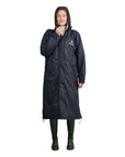 EQUIDRY women's long waterproof horse riding coat in Dark Navy/Cream studio front full length