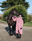 EQUIDRY Evolution Lux Women's Warm Waterproof Winter Horse Riding Coat Thick Fleece Lining with Faux Fur Trim Hood dusky pink with horse and matching exercise sheet