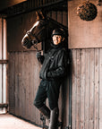 EQUIDRY men's waterproof short blouson style horse riding jacket in black with horse on yard